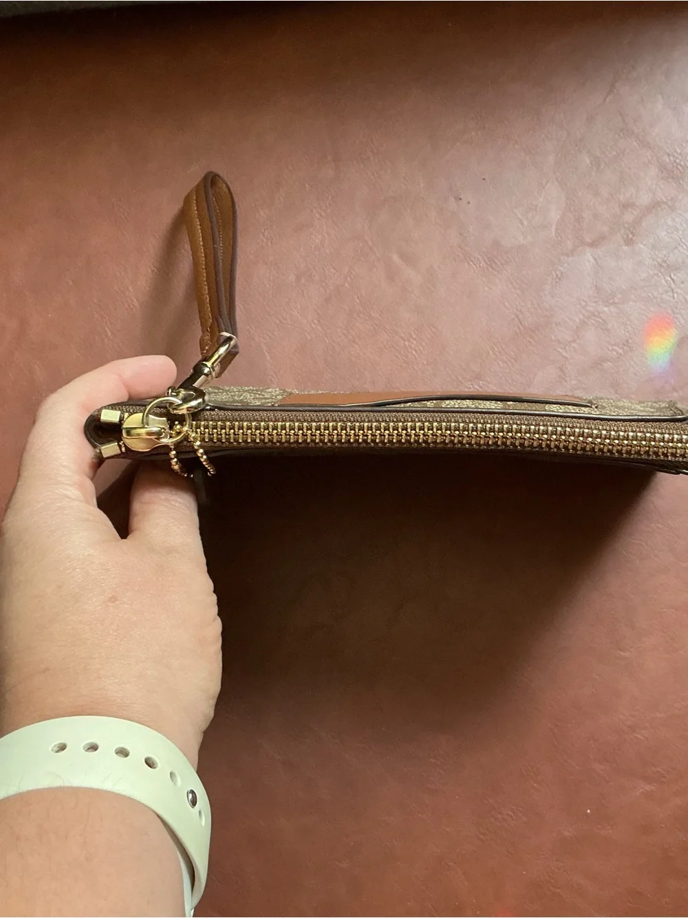 Coach Signature PVC Wristlet Khaki Brown Canvas Tan Leather EUC